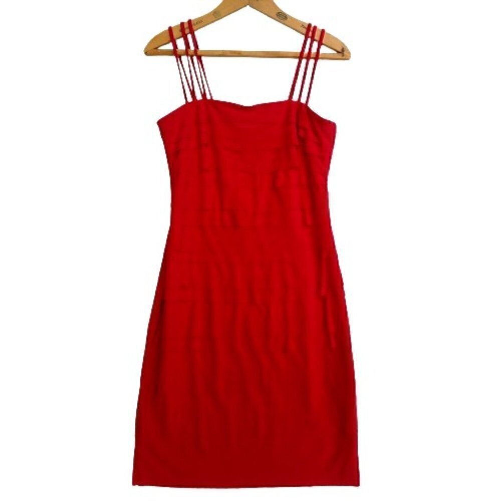 Joseph Ribkoff Red Dress Size 4 Shutter Pleat Sleeveless Cocktail Raw Edge